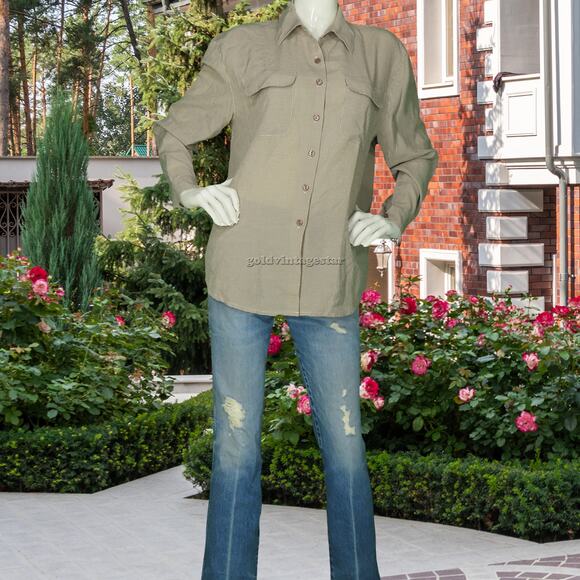 Modern Essentials Beige Plaid Shirt Blouse M - Picture 3 of 6